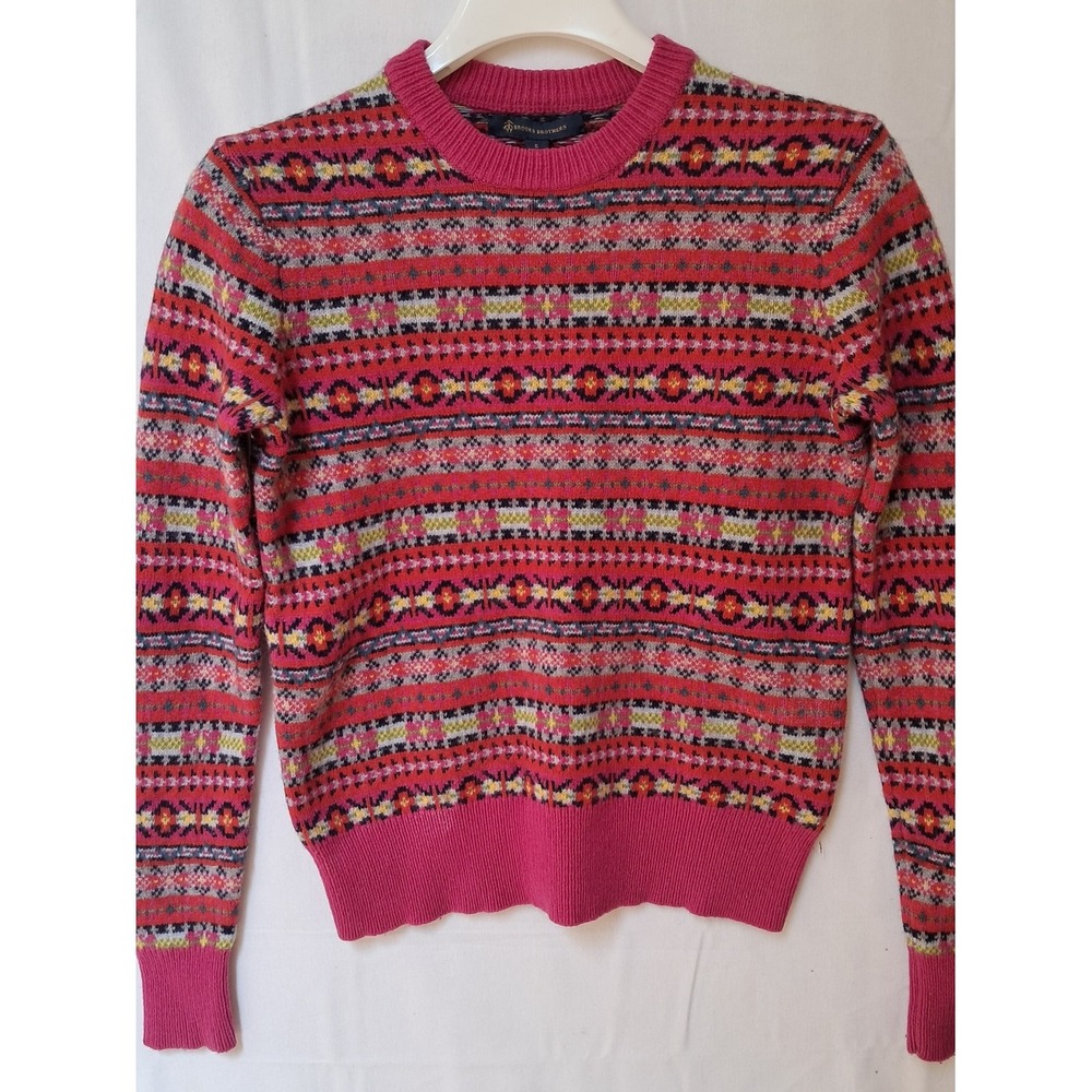 Brooks Brothers Womens Fair Isle Crewneck Sweater Pink Red Multi‎ Knit Size S